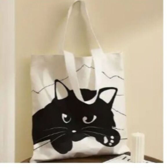 NEW Canvas Black Cat KITTY Cat Tote Bag - Picture 4 of 8